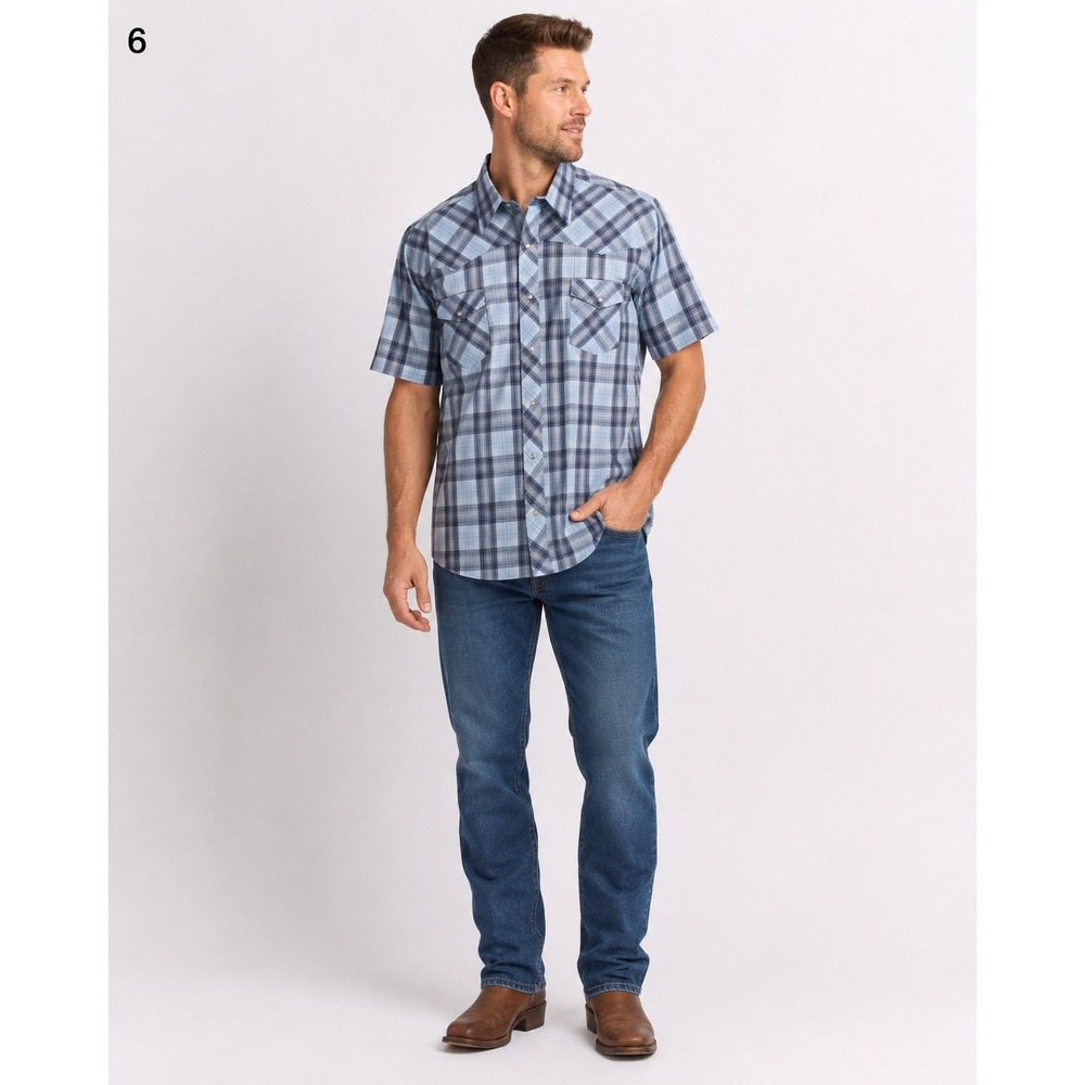 Wrangler Western Pearl Snap Shirt Mens 3XL Blue White Plaid Cotton Polyester
